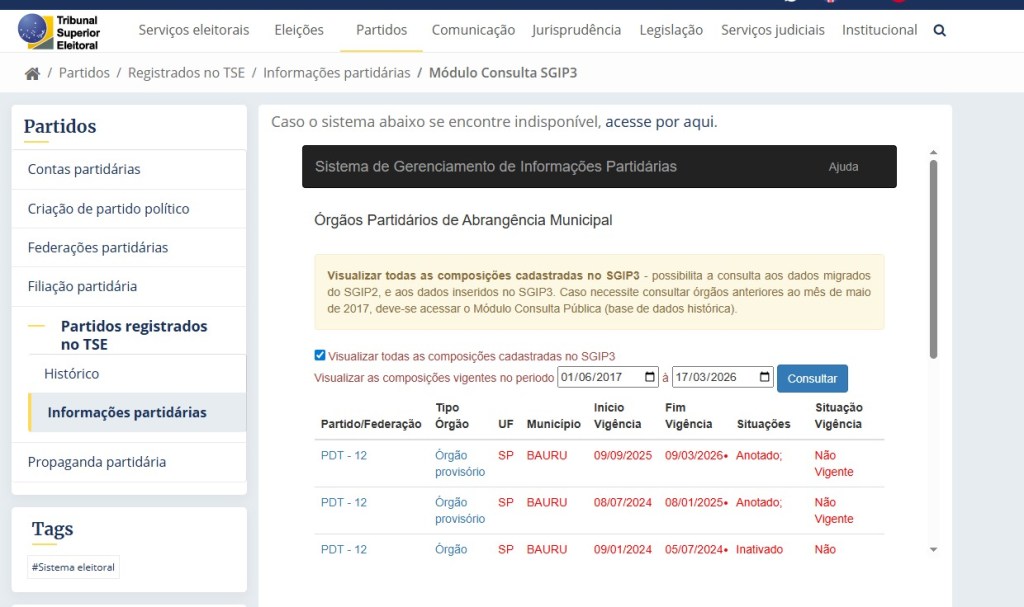 PDT de Bauru aparece com nominata não vigente no TSE, contrariando declaração de ex-presidente&nbsp;Xaides